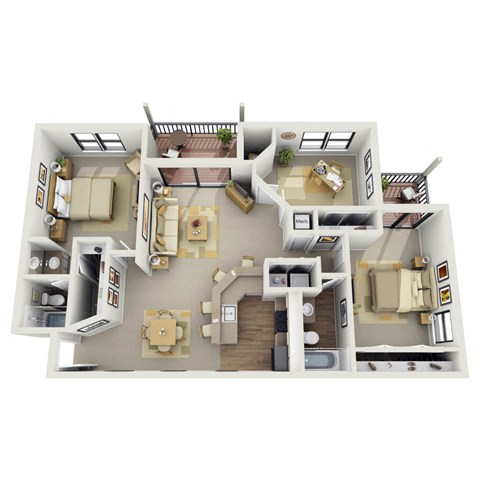 Floor plan for 3 beds, 2 baths, 1350 sqft